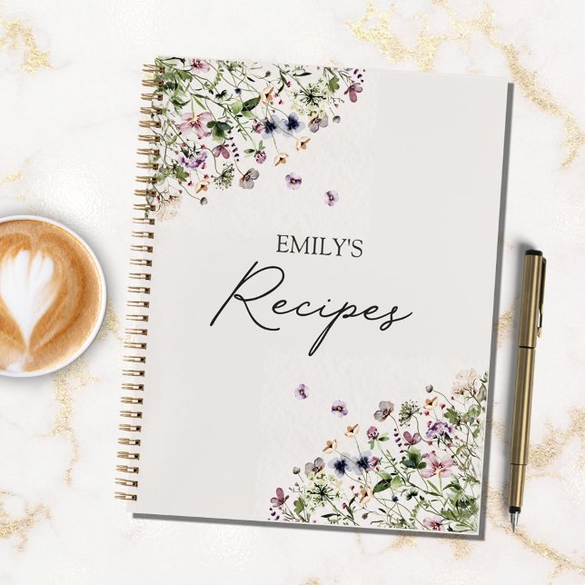 Elegant Script Spring Purple Wildflowers Recipe Notebook (In situ)