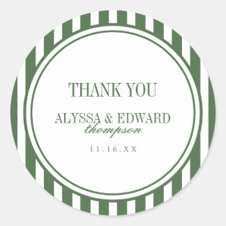 Elegant Script Striped Green Wedding Thank You Classic Round Sticker
