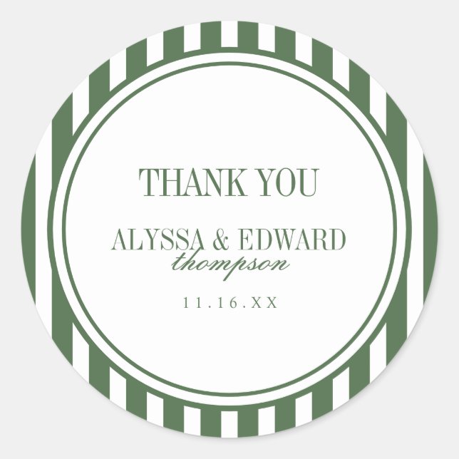 Elegant Script Striped Green Wedding Thank You Classic Round Sticker (Front)