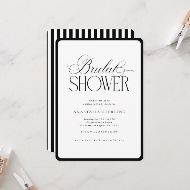 Elegant Script Stripes Black & White Bridal Shower Invitation (Front/Back In Situ)