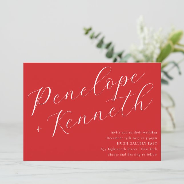 Elegant Script Stylish Red Christmas Wedding Invitation (Standing Front)