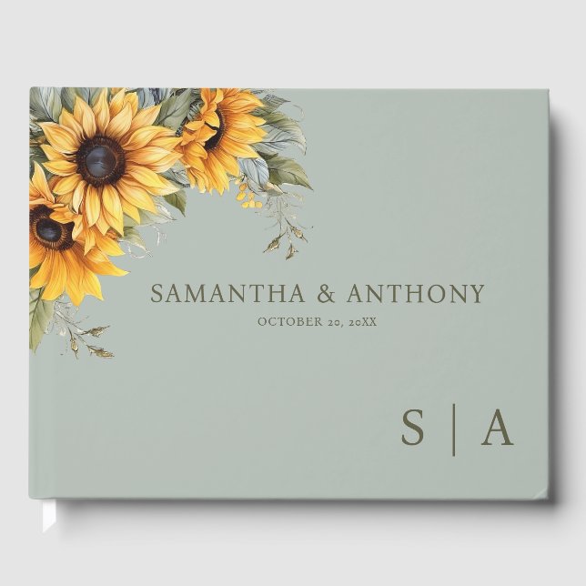Elegant Script Sunflower Wedding Invitation Guest Book (Front)