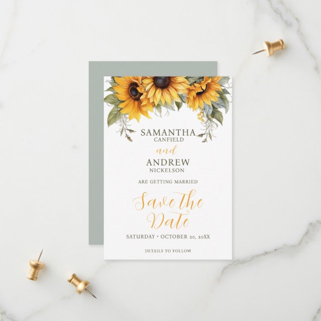 Elegant Script Sunflower Wedding Save the Date (Front/Back In Situ)