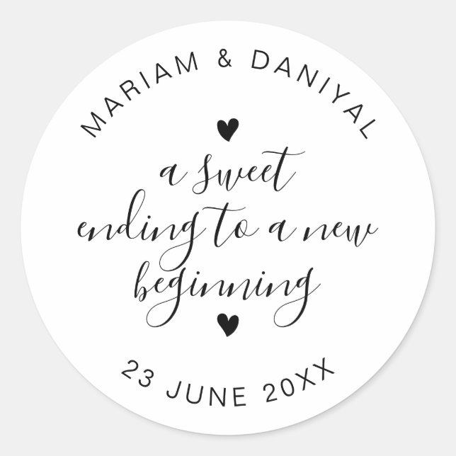 Elegant Script Sweet Ending Small Wedding Favour Classic Round Sticker (Front)