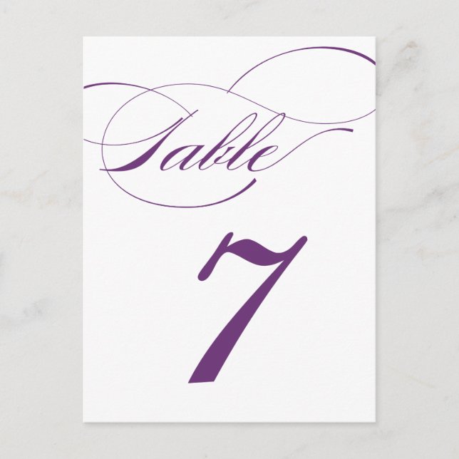 Elegant Script Table Number Postcard | Purple 520C (Front)