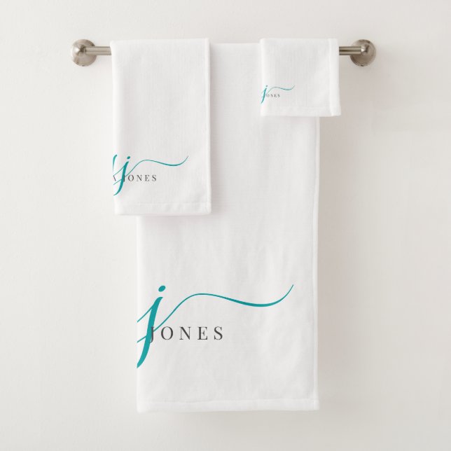 Elegant Script Teal Monogram Initials Name  Bath Towel Set (Insitu)