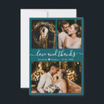 Elegant Script Teal Photo Collage Thank You<br><div class="desc">Elegant, Modern Hand Lettered Wedding 3 Photo Collage Thank You Card in Teal Colour. Stylish wedding thank you card template featuring three photo on the front and one photo on the back. With the text "Love and thanks" in a swirly hand lettered typography script font in white on teal green...</div>