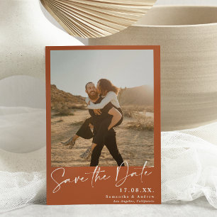 Elegant script terracotta 2 photos save the date