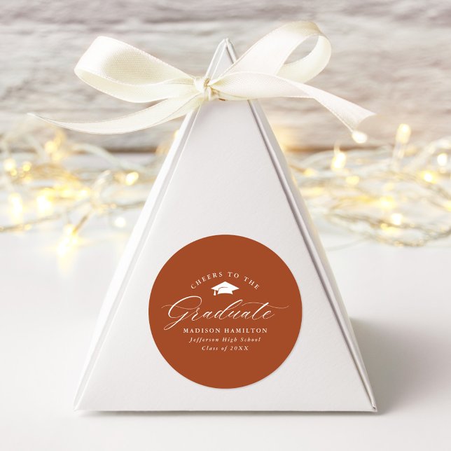 Elegant Script Terracotta Cheers to the Graduate Classic Round Sticker (Creator Uploaded)