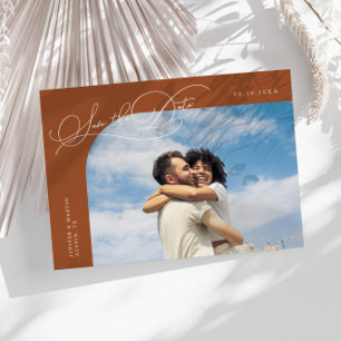 Elegant Script Terracotta Curved Frame Photo Save The Date