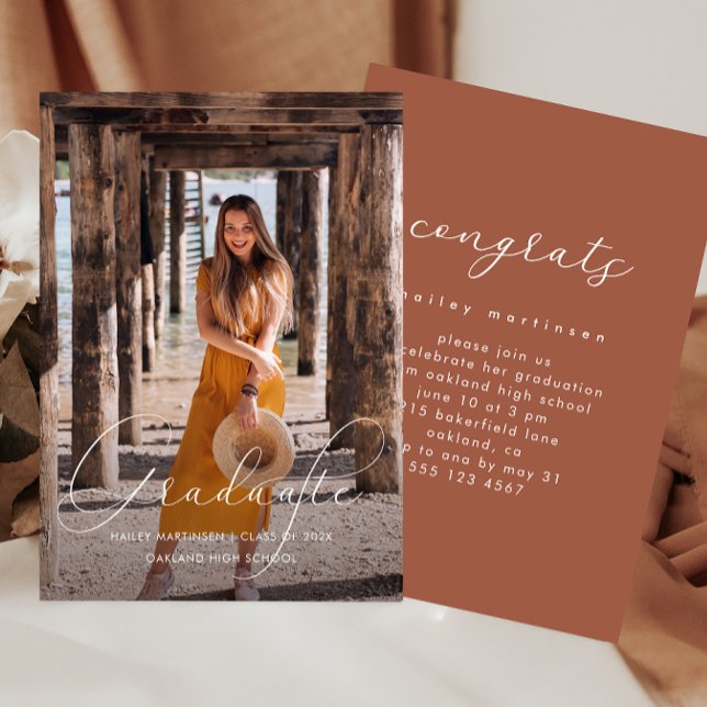 Elegant Script Terracotta Photo Graduation Party Invitation (Creator Uploaded)