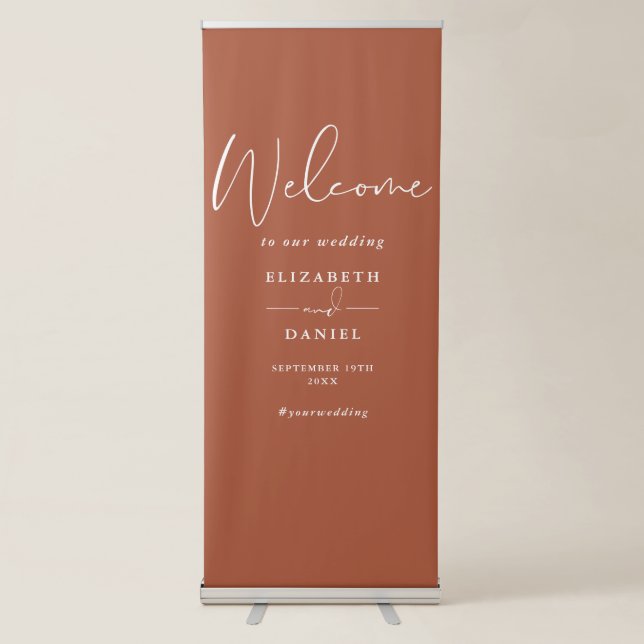 Elegant Script Terracotta Wedding Welcome Retractable Banner (Front)