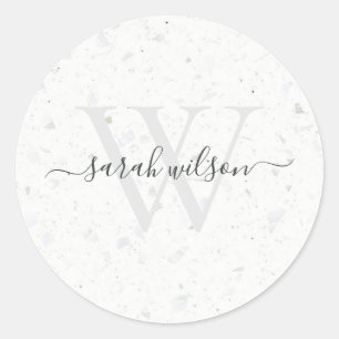 Elegant Script Terrazzo Stone Ivory Grey Monogram Classic Round Sticker