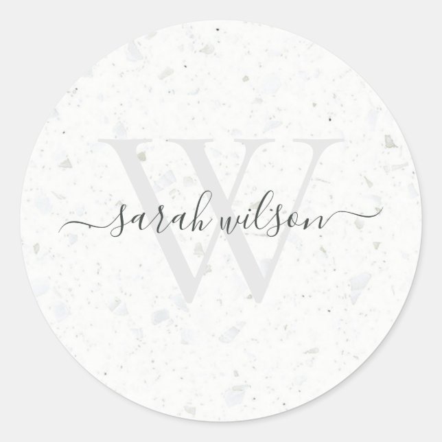Elegant Script Terrazzo Stone Ivory Grey Monogram Classic Round Sticker (Front)