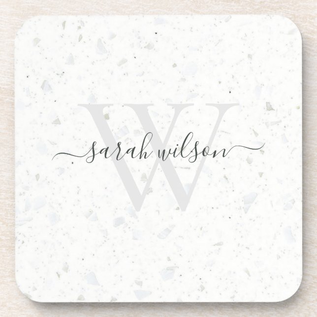 Elegant Script Terrazzo Stone Ivory Grey Monogram Coaster (Front)