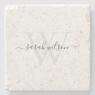 Elegant Script Terrazzo Stone Ivory Grey Monogram Coaster