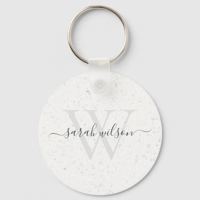 Elegant Script Terrazzo Stone Ivory Grey Monogram Key Ring (Front)