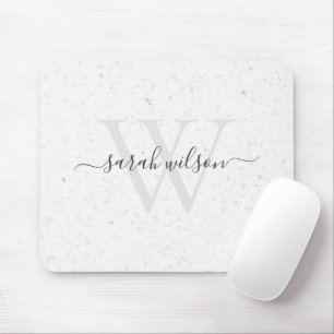 Elegant Script Terrazzo Stone Ivory Grey Monogram Mouse Mat