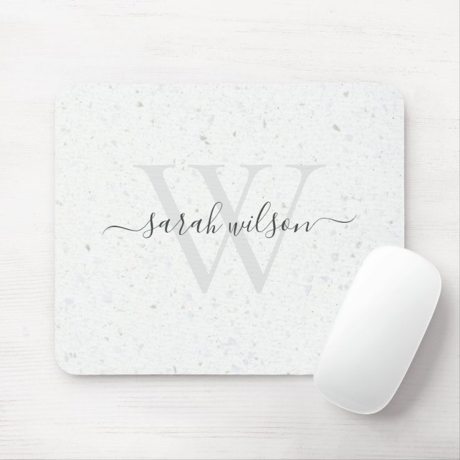 Elegant Script Terrazzo Stone Ivory Grey Monogram Mouse Mat (With Mouse)