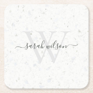 Elegant Script Terrazzo Stone Ivory Grey Monogram  Square Paper Coaster