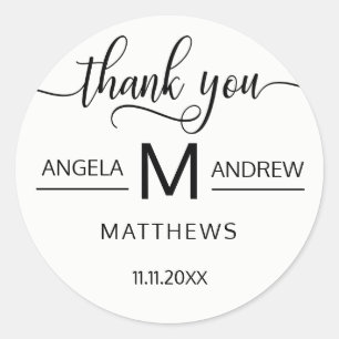 Elegant Script Thank You   Black & White Wedding Classic Round Sticker
