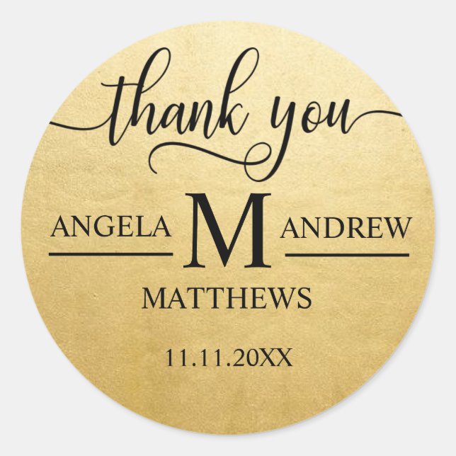 Elegant Script Thank You Gold Black Wedding Classic Round Sticker (Front)