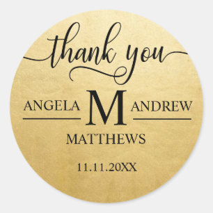 Elegant Script Thank You Gold Black Wedding Classic Round Sticker