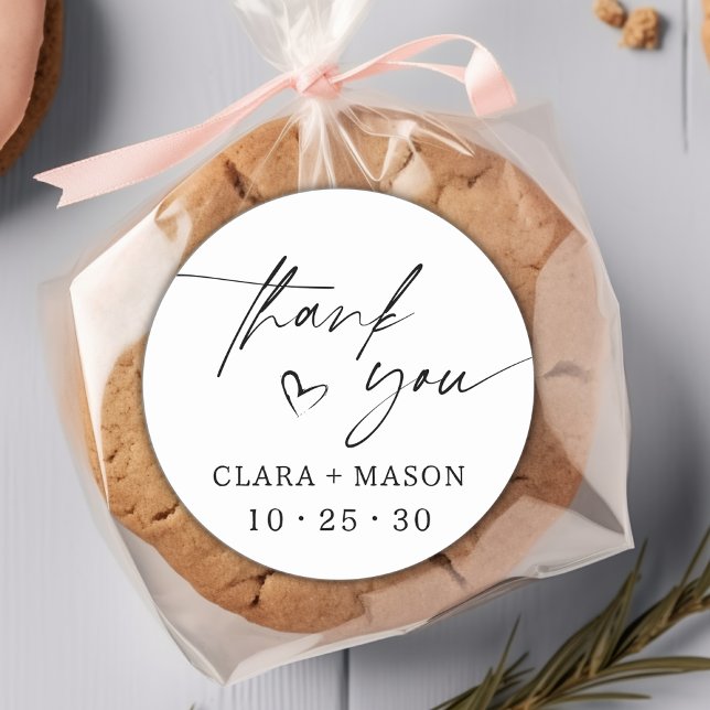 Elegant Script Thank You  Heart Wedding Favour Classic Round Sticker (Creator Uploaded)