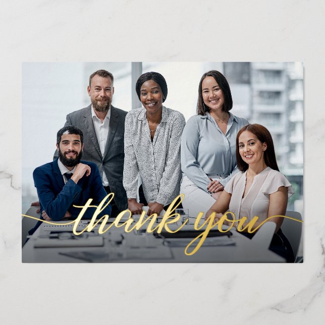 Elegant Script Thank you Team Photo Business Foil Holiday Card (Front)
