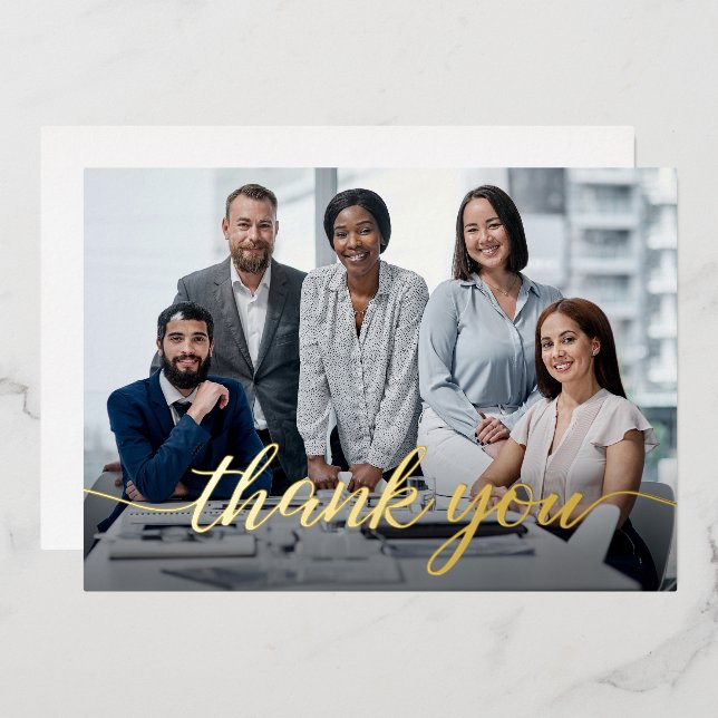 Elegant Script Thank you Team Photo Business Foil Holiday Card (Front/Back)