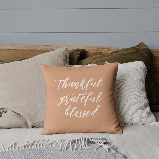 Elegant Script Thankful Grateful Blessed Quote Cushion (Creator Uploaded)