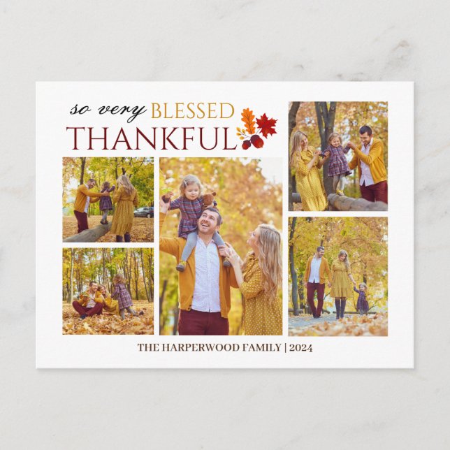 Elegant Script thanksgiving family photo Collage Holiday Postcard (Front)