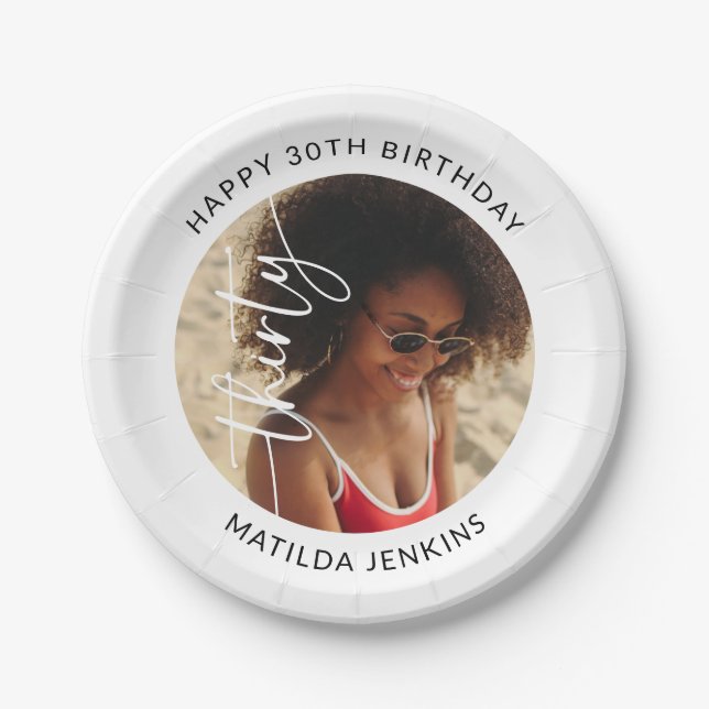 Elegant Script Thirty Photo 30th Birthday Paper Plate (Front)