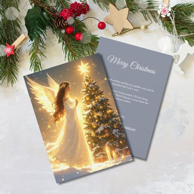 Elegant Script Tree Non Photo Christian Angel  Holiday Card (Glowing Angel Christmas Tree Card)