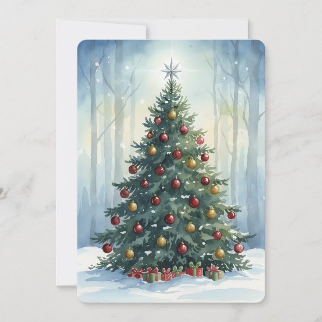 Elegant Script Tree Non Photo Watercolor Christmas Holiday Card (Front)