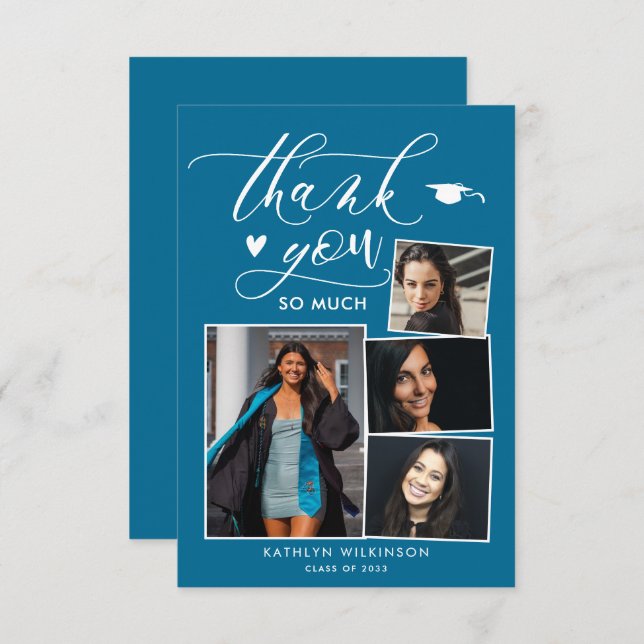 Elegant Script Turquoise Chic 4 Photo Graduation Thank You Card (Front/Back)