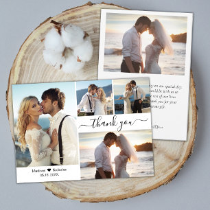 Elegant Script Typography 4 Photo Collage Wedding Thank You Card