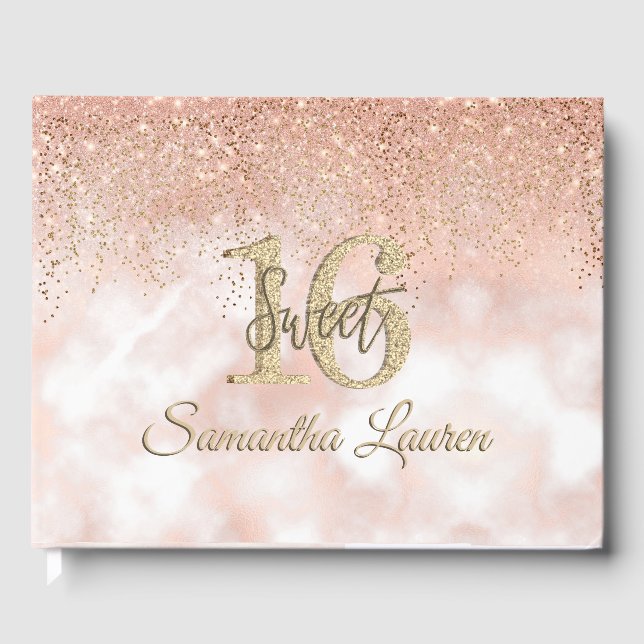 Elegant Script Typography Blush Pink Gold Sweet 16 Guest Book (Front)