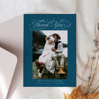 Elegant Script Typography Dots Wedding Photo Teal Thank You Card