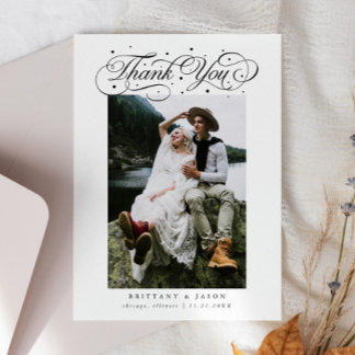 Elegant Script Typography Dots Wedding Photo White Thank You Card