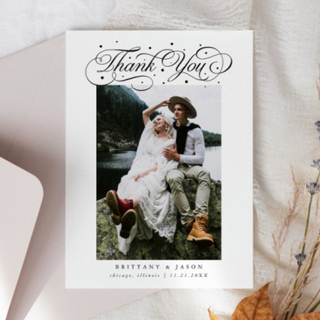 Elegant Script Typography Dots Wedding Photo White Thank You Card (Creator Uploaded)
