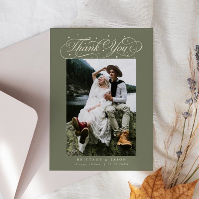 Elegant Script Typography Dots Wedding Sage Green Thank You Card (Creator Uploaded)