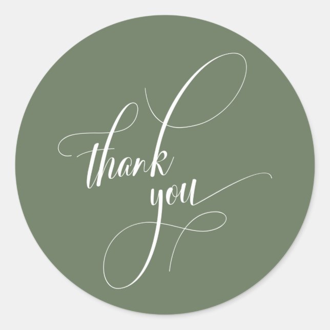 Elegant Script Typography Thank You Olive Green Classic Round Sticker (Front)