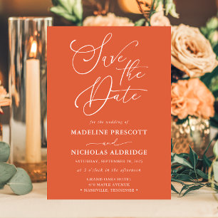 Elegant Script Verona Sunset Orange Save The Date Invitation