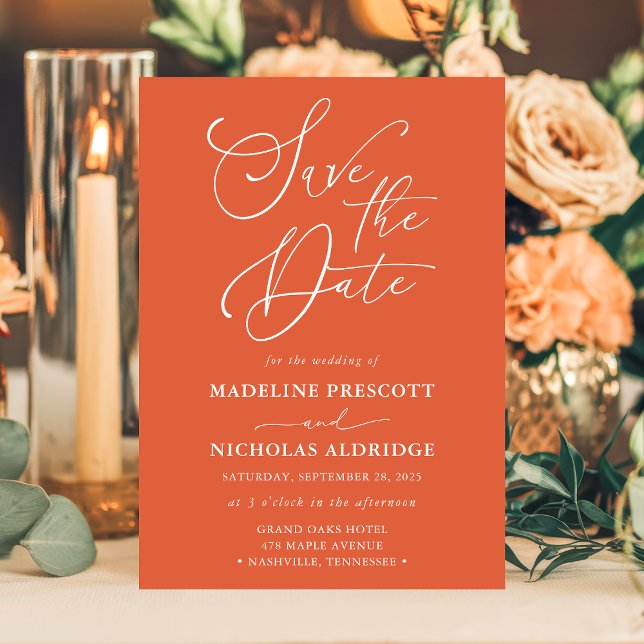 Elegant Script Verona Sunset Orange Save The Date Invitation (Creator Uploaded)