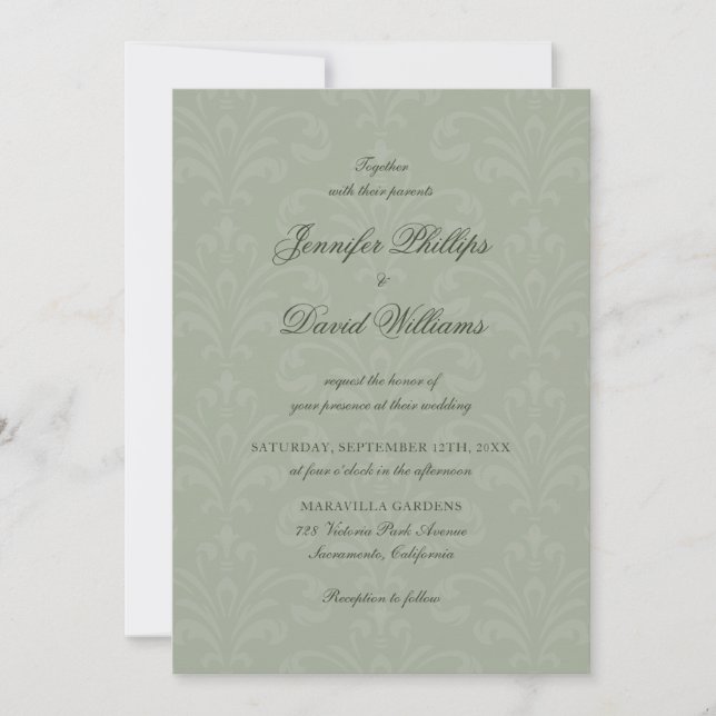 Elegant Script Vintage Sage Green Damask Wedding Invitation (Front)