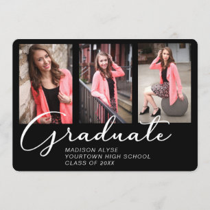 Elegant Script Virtual Graduation 3 Photo Black Invitation