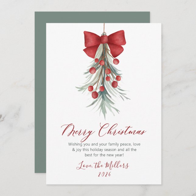 Elegant Script Watercolor Botanical Christmas  Holiday Card (Front/Back)