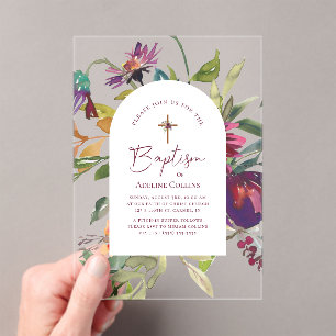 Elegant Script Watercolor Burgundy Floral Baptism Acrylic Invitations