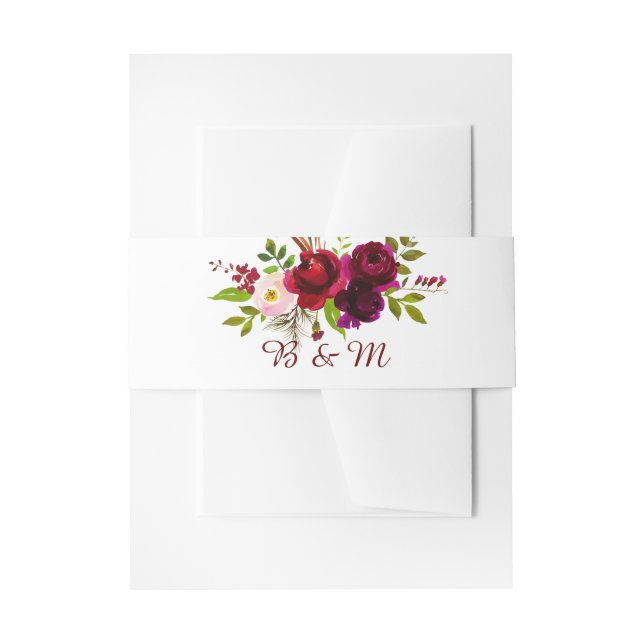 Elegant Script Watercolor Burgundy Floral Invitation Belly Band (Front Example)